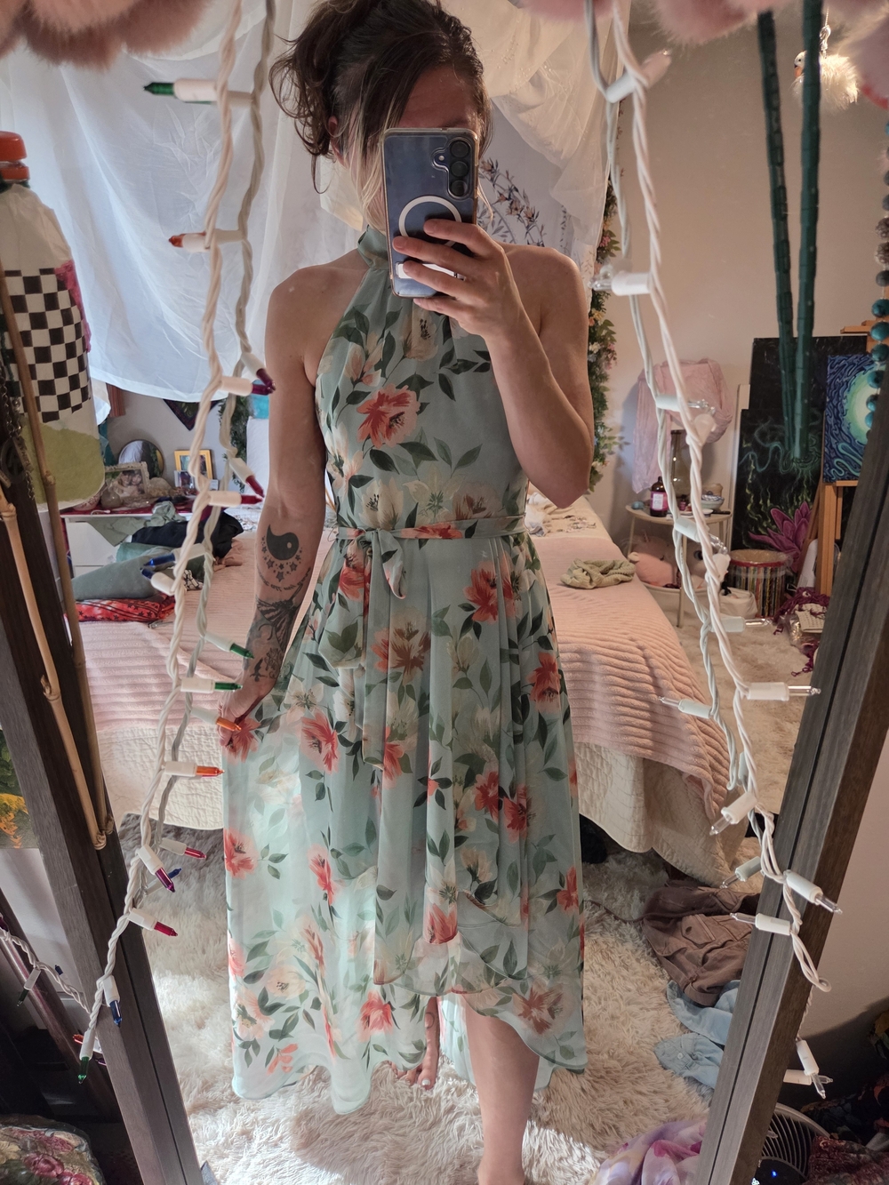 Floral Halter Midi Dress in Mint with Coral Blossoms